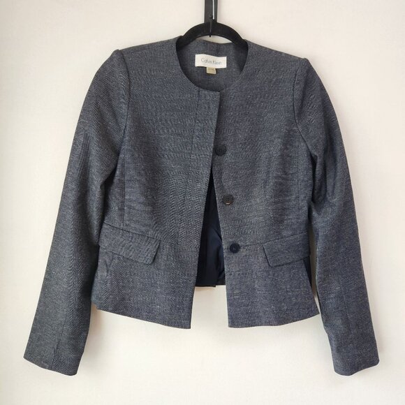 Calvin Klein Navy Blue Button Front Blazer Jacket Linen Blend Petite 2 (2P) - Picture 1 of 8